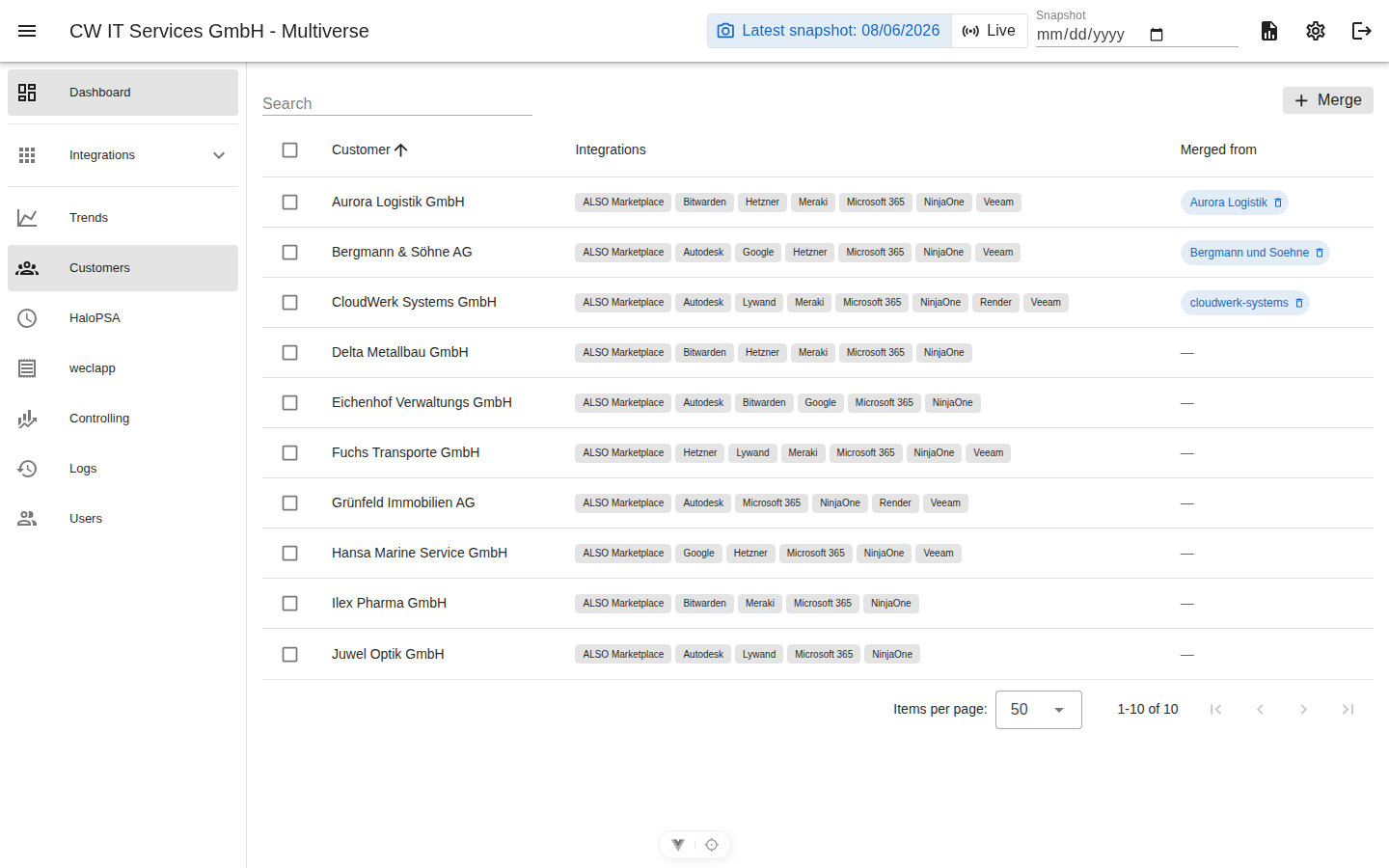 Customer view with merge